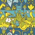 Seamless surreal pattern with cute cartoon monsters on colorful background. Wallpapers with various creatures. Print with funny d
